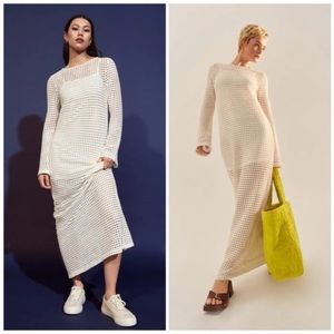 Mango openwork knit Crochet Maxi Dress puff sleeve beachy